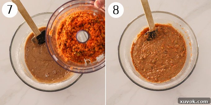 Two photos: one showing finely chopped carrot and pistachios added to muffin batter, and the other showing the ingredients gently mixed in.