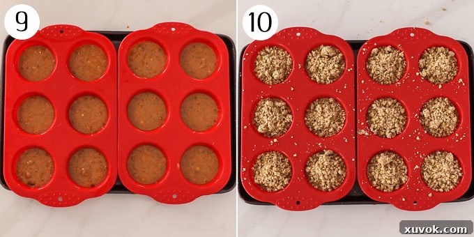 Two photos: one showing muffin batter evenly distributed in a muffin tin, the other showing half of the streusel topping sprinkled on top before baking.