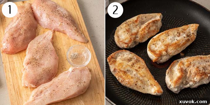 2 photos: Raw chicken breasts on a chopping board seasoned. Then cooked to a golden brown in a pan.
