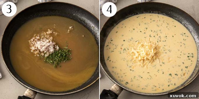 2 photos: A pan with chicken stock, onions and thyme simmering, then with cream and cheese added to create a rich sauce.