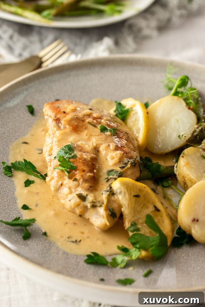 A closeup of a cooked chicken breast drenched in creamy sauce, garnished with a sprig of thyme, on a grey plate.