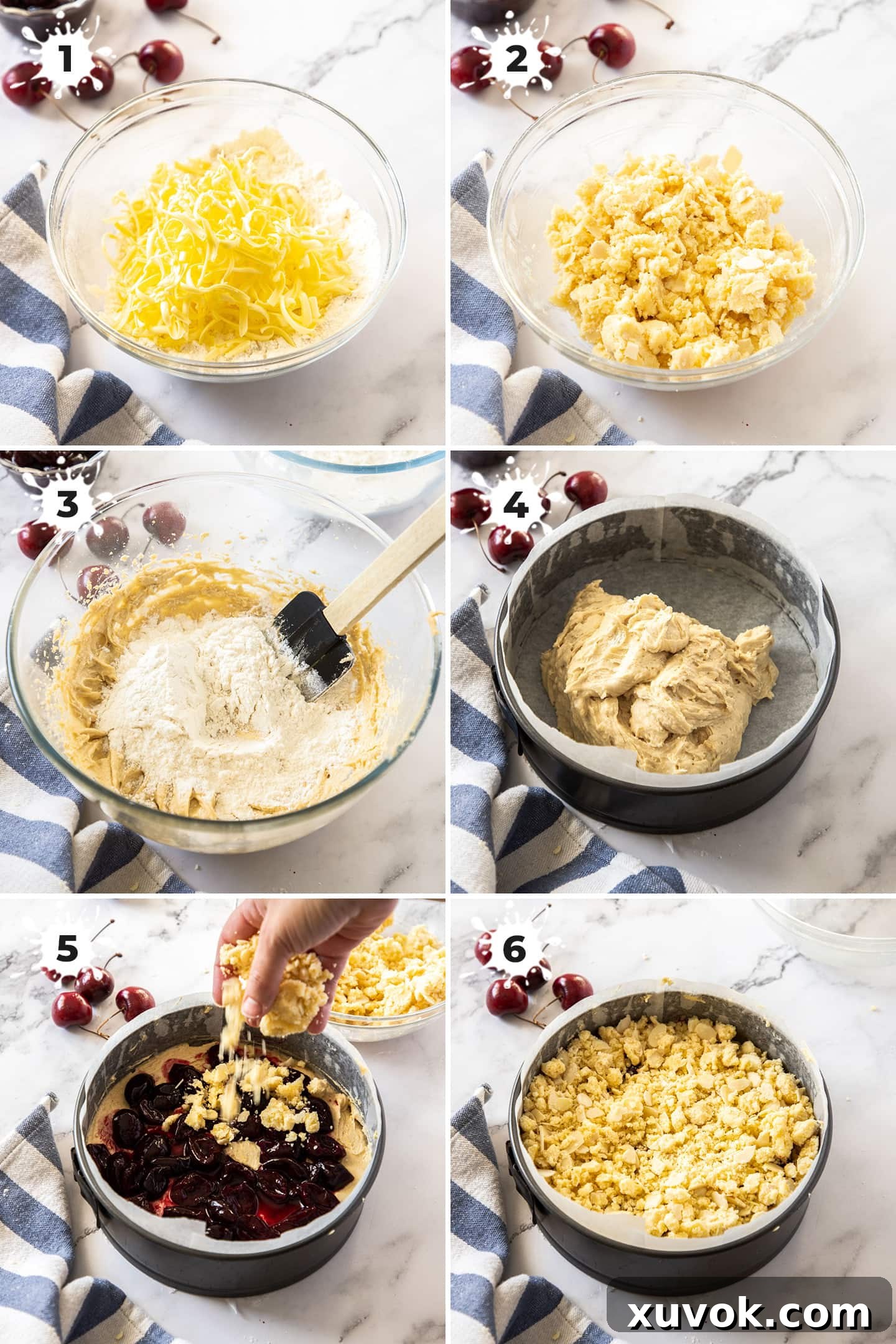 A collage of images illustrating the various stages of making a cherry cake, from mixing ingredients to assembly.