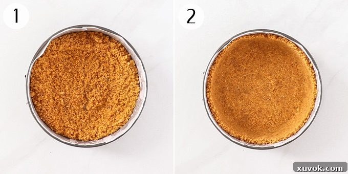 Finely crushed biscuit crumbs mixed with butter and ginger, pressed firmly into an 8-inch springform tin, forming a perfect base for the cheesecake.
