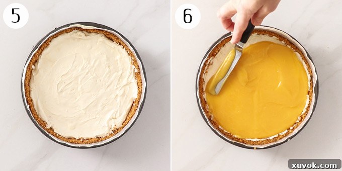 Two sequential photos showing the assembly process: creamy cheesecake filling settling into the biscuit crust, followed by a luscious layer of bright lemon curd artfully spread over the set cheesecake.