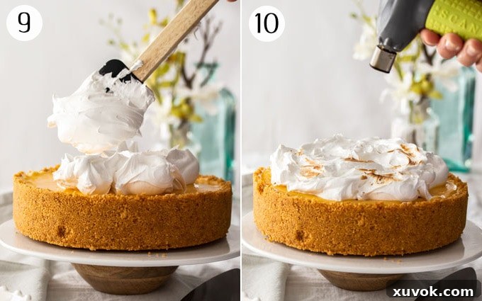 Two captivating photos: one showing fluffy white meringue being artfully piped or spooned onto a lemon cheesecake, and the second featuring a kitchen blowtorch gently toasting the peaks of the meringue to a golden brown.