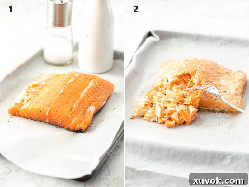 A collage showing salmon before and after baking.