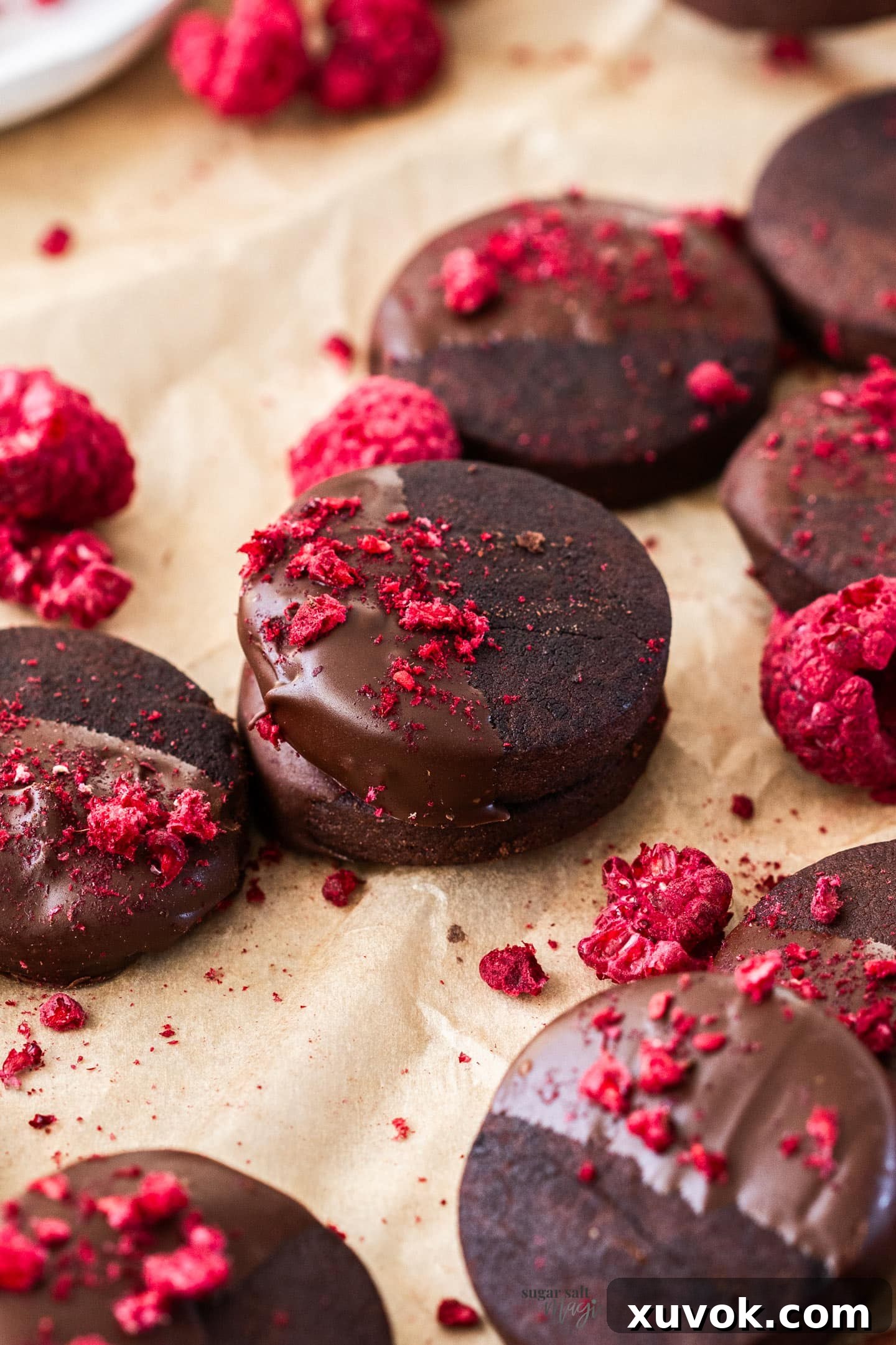Two chocolate shortbread cookies stacked elegantly, surrounded by several more on a rustic surface, invitingly ready to be enjoyed.