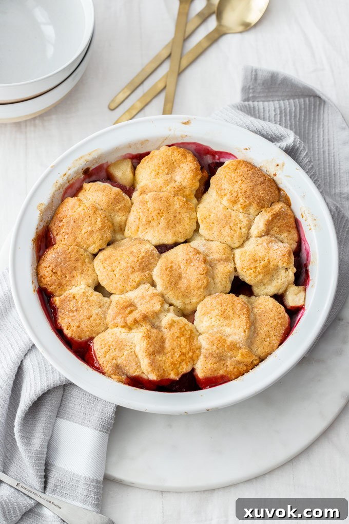 Birdseye view of a golden brown apple and plum cobbler dessert in a white pie dish, ready to be served.