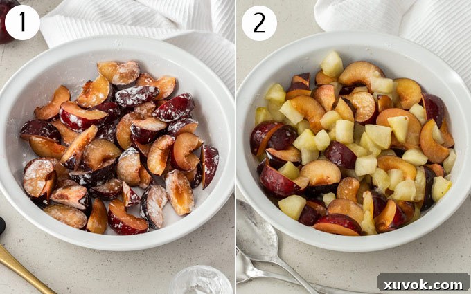 Two photos demonstrating fruit preparation: a white pie dish filled with cut plums and diced apples, ready for baking.
