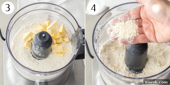 Two photos illustrating dough preparation: a food processor bowl with flour and butter, followed by the mixture after pulsing, showing pea-sized butter pieces.