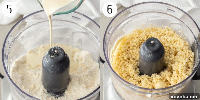 Two photos showing the cobbler dough process: adding cream to the mixture in a food processor, and the resulting chunky, wet sand texture of the dough.