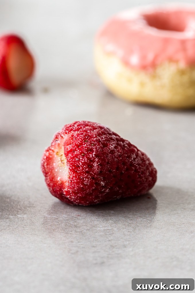 A close up shot of a single frozen strawberry with a donut in the background, highlighting the use of frozen fruit in baking