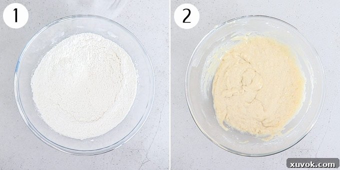 Step-by-step: Mixing Baked Strawberry Doughnut batter in a glass bowl