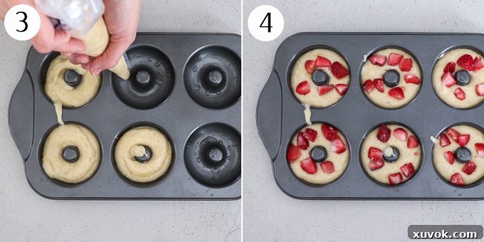 How to fill a doughnut pan and top with strawberries for baking