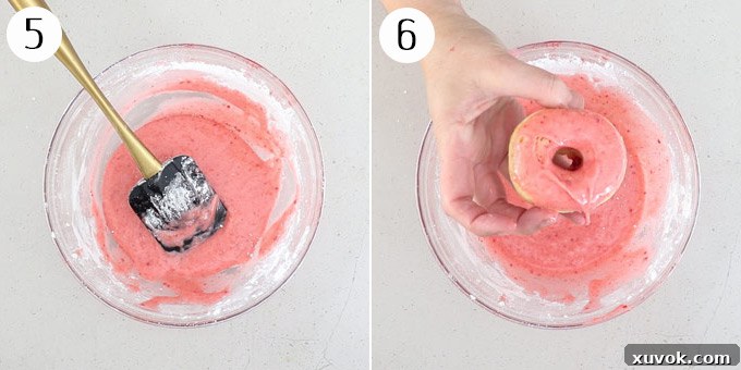 Creating a smooth strawberry glaze and dipping homemade baked doughnuts