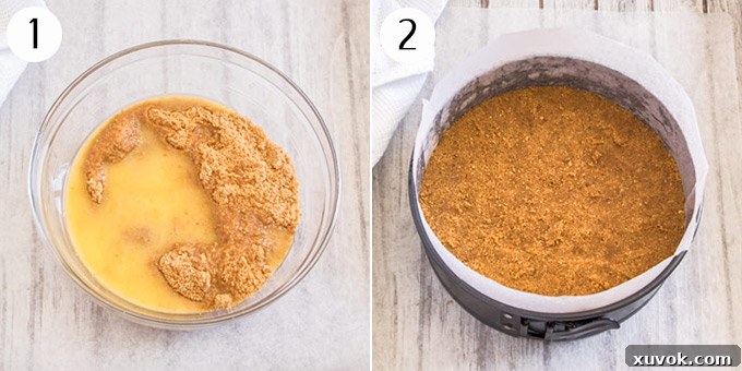 A close-up image showing the process of mixing melted butter with cookie crumbs, followed by pressing the mixture firmly into the base of a cake tin, preparing it for the cheesecake filling.