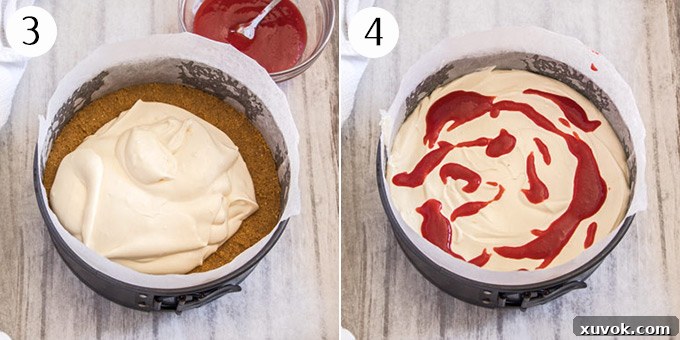An overhead shot capturing the moment cheesecake mixture and luscious strawberry sauce are carefully poured and dotted onto a crispy cookie crumb base, beginning the swirling process.