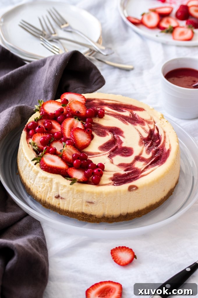 A beautifully presented strawberry swirl cheesecake, garnished with fresh, vibrant strawberries and delicate red currants, highlighting its natural sweetness and elegance.