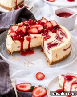 A strawberry swirl cheesecake with a quarter of it sliced away, on a white plate
