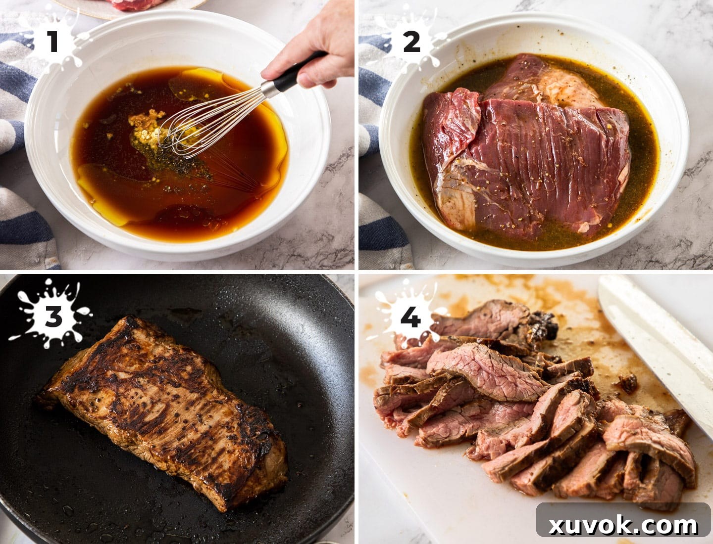 A collage of 4 images showing how to make chimichurri flank steak.