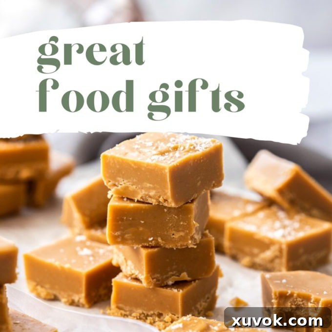 An image of salted caramel fudge pieces with text overlayed saying 'Great Food Gifts', suggesting a collection of edible gift ideas.