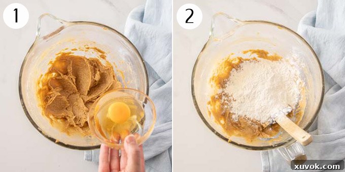 Step-by-step image showing butter, sugar, and eggs being creamed together in a white mixing bowl, followed by the addition of flour, illustrating the initial stages of cake batter preparation.