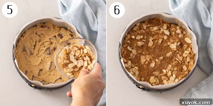 Cake batter being evenly spread into a prepared round cake tin, followed by a generous sprinkling of almond streusel topping, ready for baking.