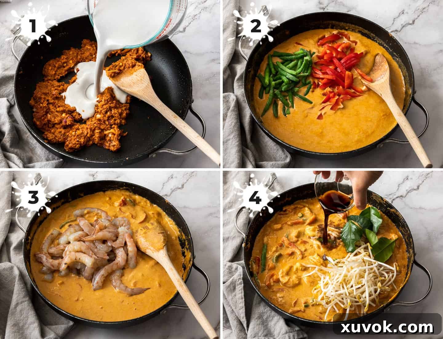 A collage of 4 images showing Panang prawn curry cooking in a skillet.
