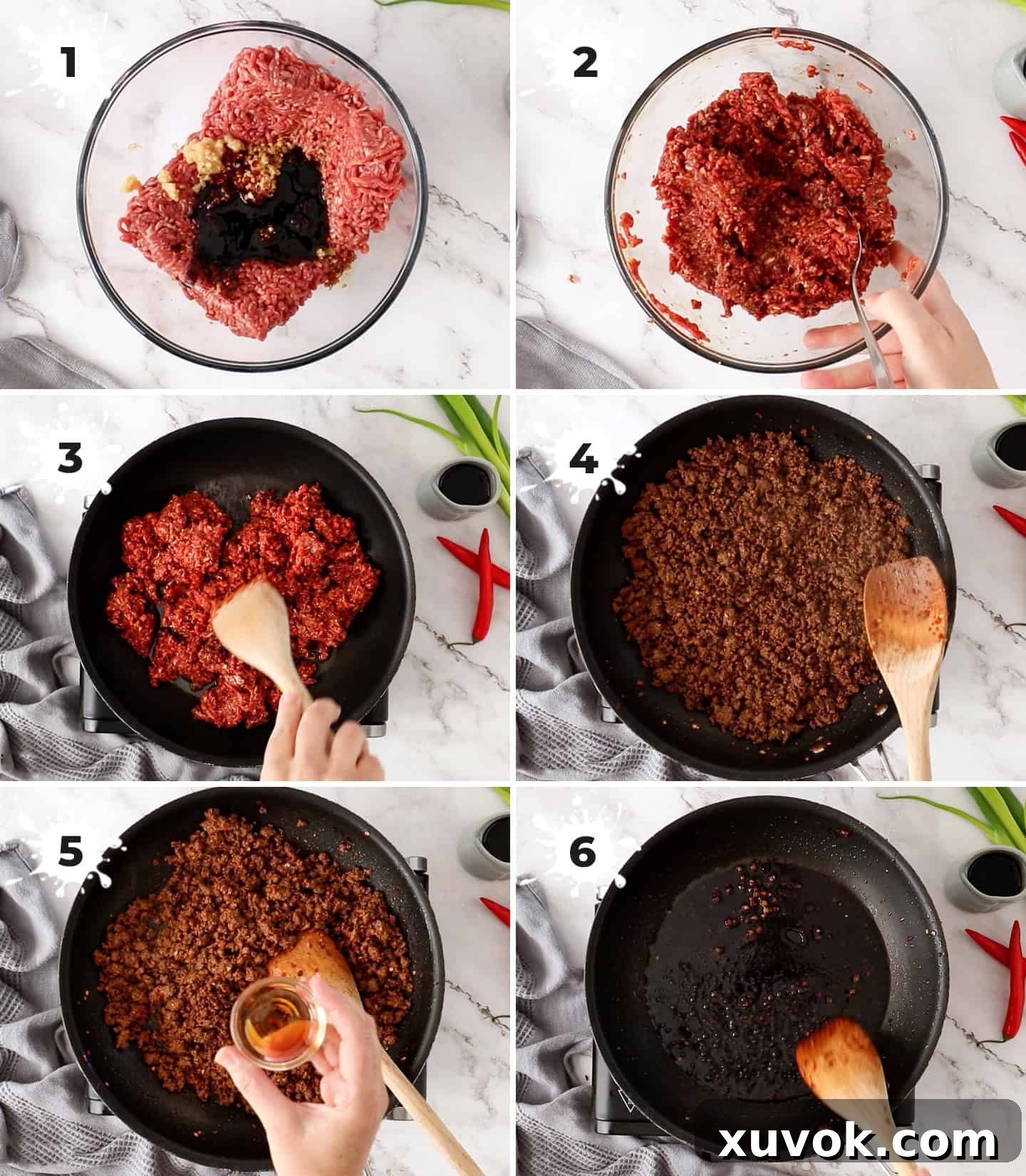 A collage of 6 images depicting the step-by-step process of preparing Asian chilli beef mince (ground beef) from mixing ingredients to final cooking in a pan.