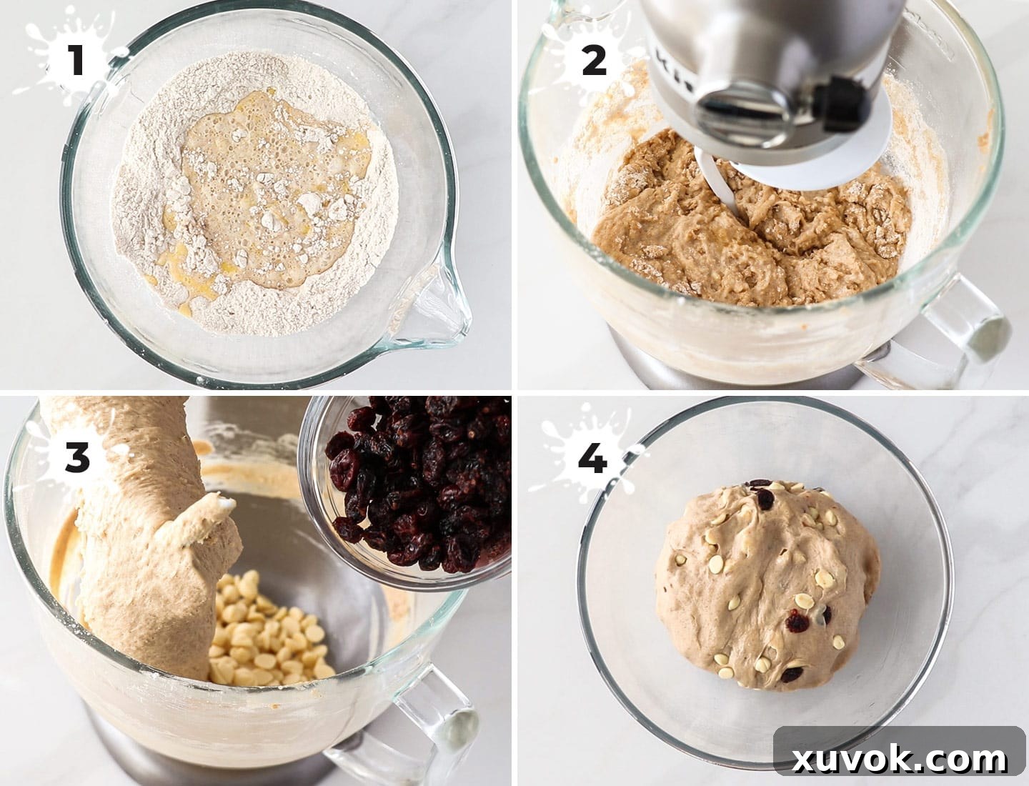 A four-image collage demonstrating the initial stages of making hot cross bun dough: mixing dry ingredients, adding wet ingredients, kneading in a stand mixer, and the dough rising in an oiled bowl.
