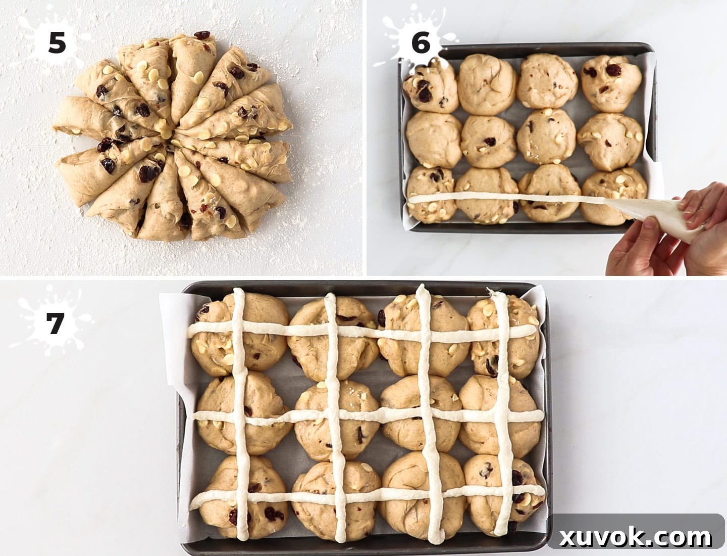 A three-image collage illustrating the shaping process for hot cross buns: dividing the dough into portions, rolling them into smooth balls, and piping the signature crosses before baking.