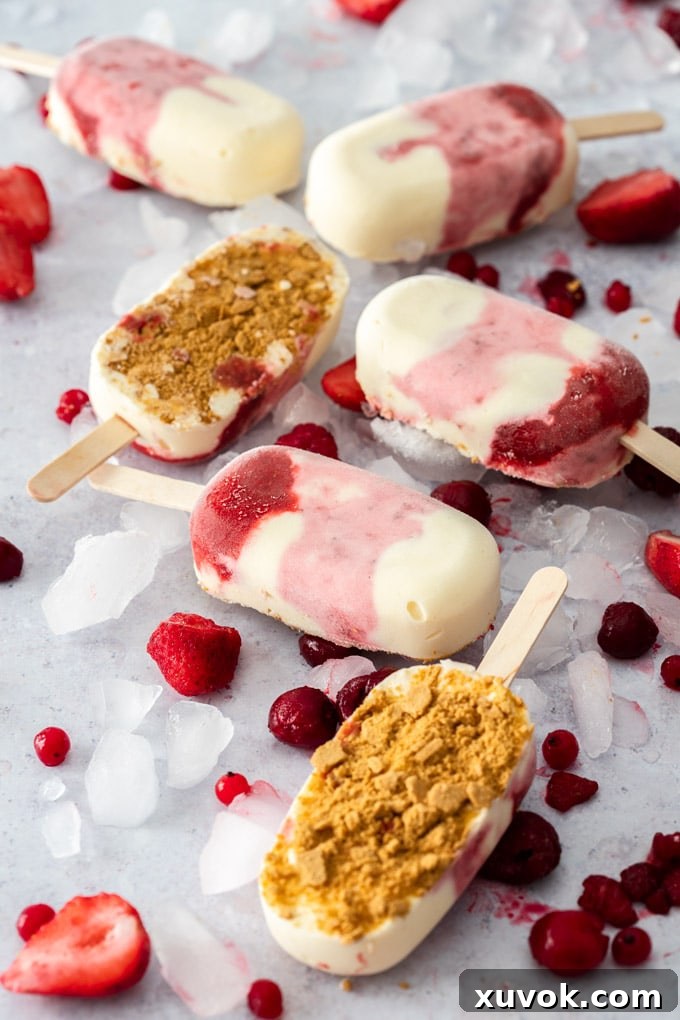 6 Strawberry Cheesecake Ice Cream Bars on a concrete background surrounded by ice and berries, a perfect summer treat.
