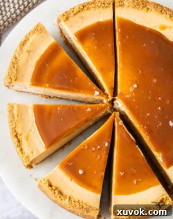 Top down view of one side of the caramel cheesecake cut into slices.