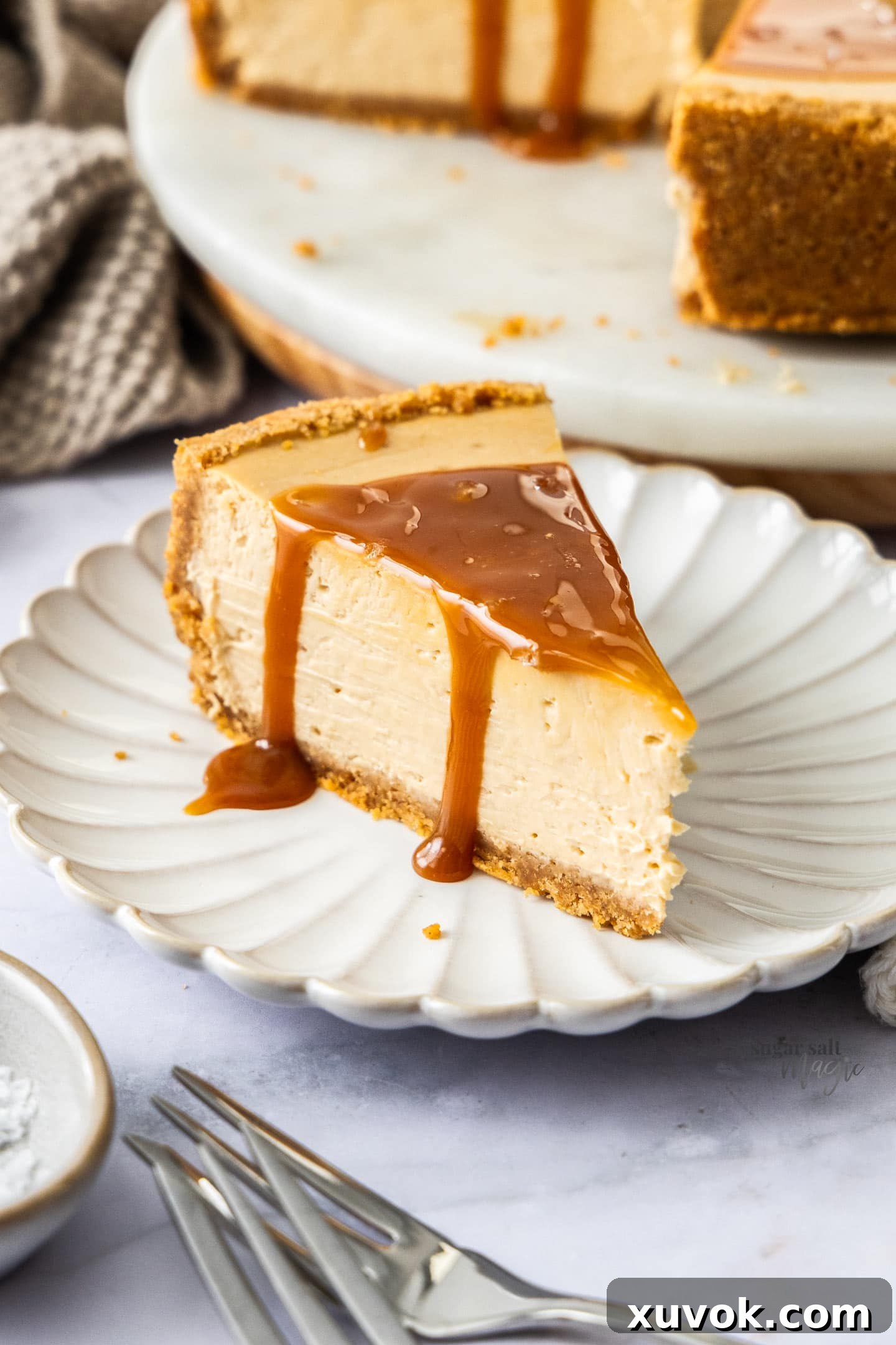 A beautiful slice of caramel cheesecake, drizzled with extra caramel sauce, resting elegantly on a pristine white dessert plate.