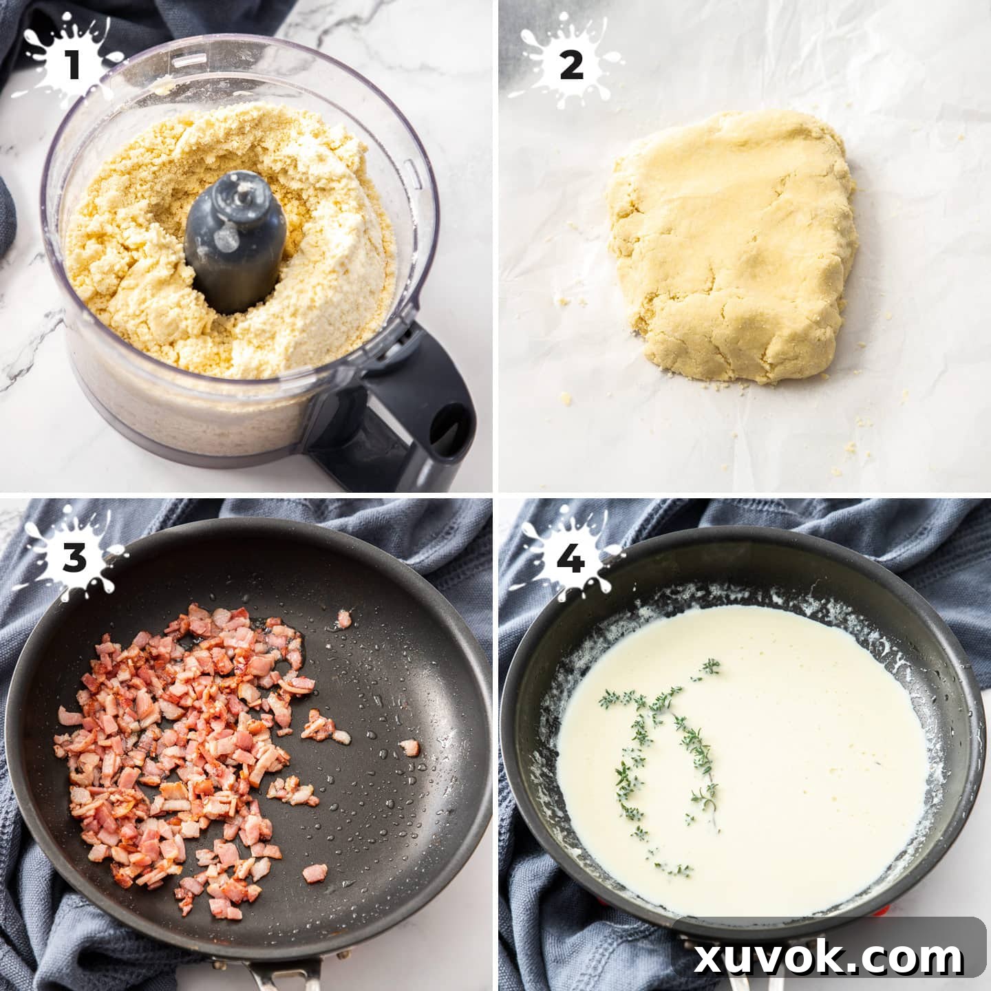 Images showing the making of pastry dough and cooking bacon.