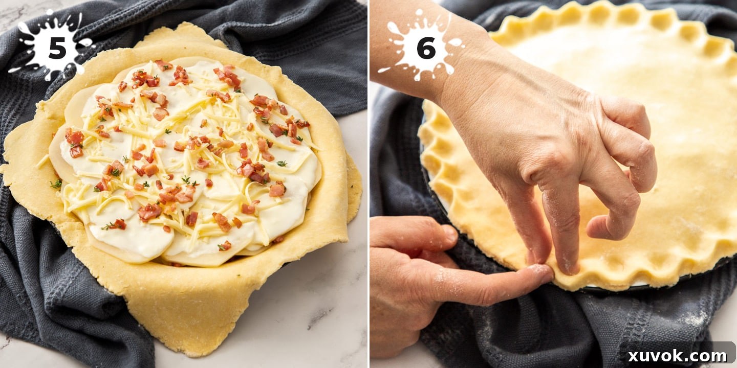 2 images showing the filling in a pie then crimping the edges.