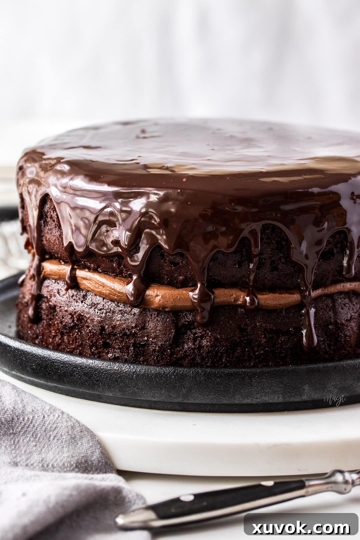 A glorious two-layer chocolate cake, generously topped with a rich, glossy chocolate ganache, sits invitingly on a stylish marble platter. Drips of ganache cascade elegantly down the sides, showcasing its moist, dark interior.