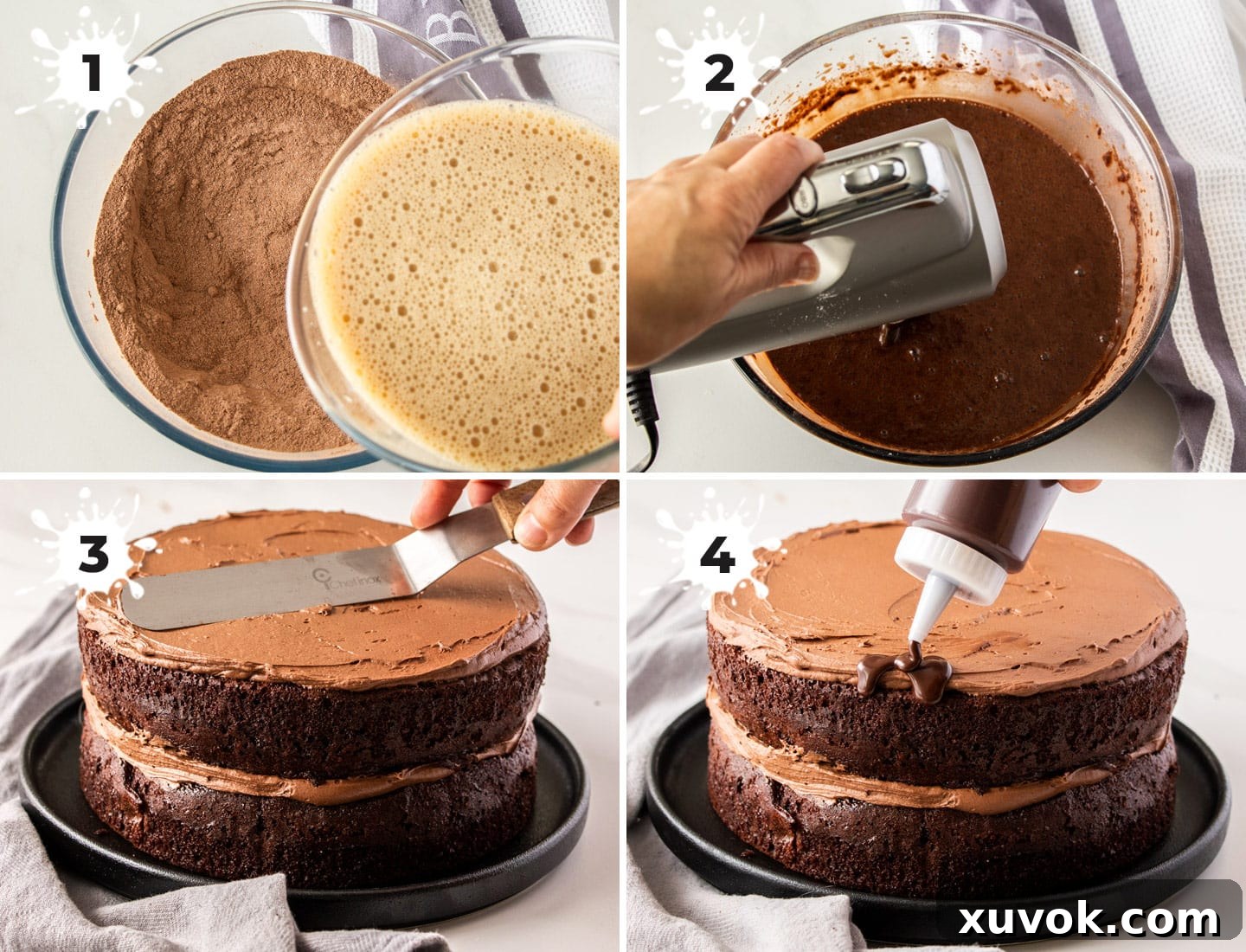 A four-panel collage illustrating the simple steps to create the Black Magic Cake: mixing dry ingredients, combining wet and dry, baking, and the initial frosting stage. Each image clearly demonstrates the ease of the process.