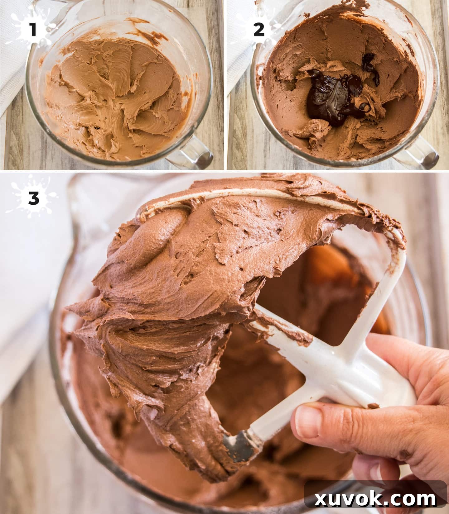 A four-panel collage detailing the creation of chocolate ganache frosting: whipping butter and cocoa, adding powdered sugar, incorporating cooled ganache, and the final smooth, thick frosting ready for application.