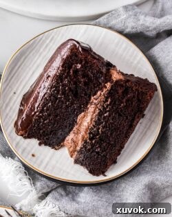 Top down view of a slice of black magic cake on a dessert plate.
