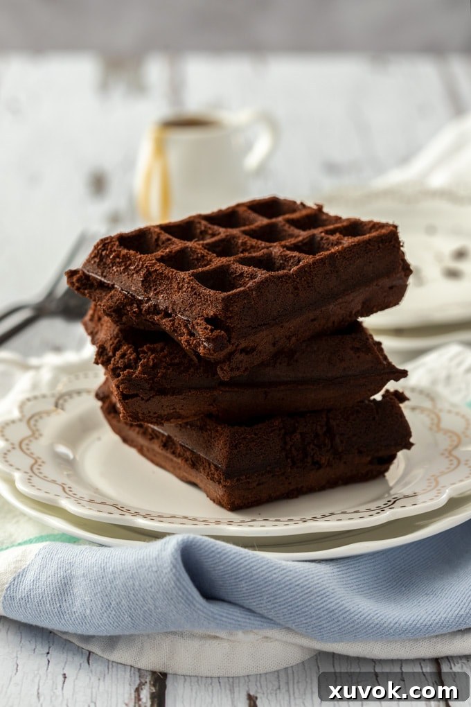 A stack of three rich, fudgy waffle brownies on a pristine white plate, resting on a soft blue tea towel. Perfect for a quick and delicious dessert or breakfast treat.