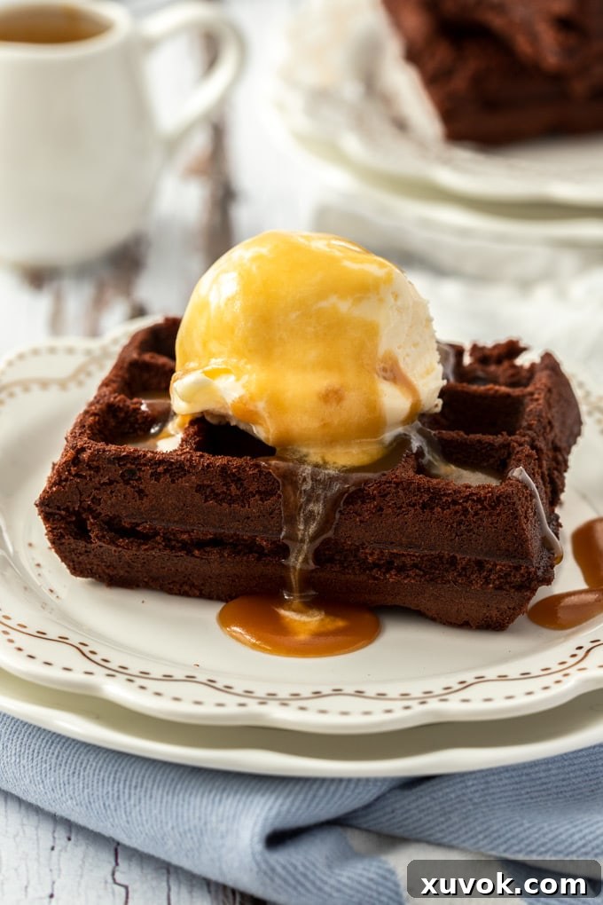A close-up view of a single waffle brownie, generously topped with melting vanilla ice cream and glistening caramel sauce, sitting on a white plate. More waffle brownies are softly blurred in the background, hinting at abundance.