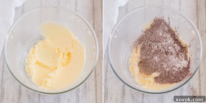 Two photos illustrating the initial stages of baking chocolate peppermint cookies. The first shows butter and sugar being creamed together, and the second shows the dry ingredients being added to form the cookie dough.