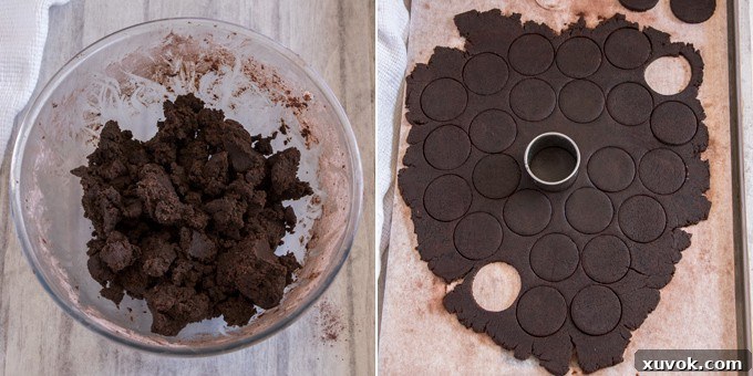 Two photos demonstrating the cookie dough preparation. The first image shows dark chocolate cookie dough being rolled out on a baking surface, and the second shows circular shapes being cut from the rolled dough using a cookie cutter.