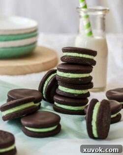 Easy to make, crisp dark chocolate cookies filled with a mint buttercream. These Chocolate Peppermint Cookies make a fun afternoon snack.