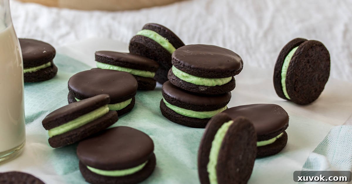 A wide, eye-level shot of a beautifully assembled chocolate peppermint cookie. This crisp, dark chocolate sandwich cookie, generously filled with mint buttercream, is highlighted as an easy-to-make and fun afternoon snack.