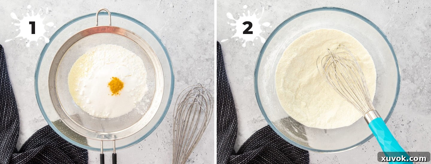 Two side-by-side images illustrating the process of making custard powder: sifting ingredients into a bowl and the finished powder in an airtight container.