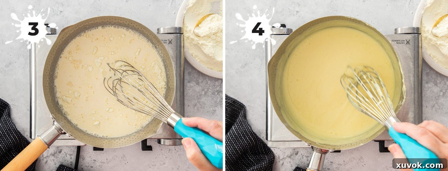 Two images demonstrating how to prepare liquid custard from the powder: mixing ingredients in a saucepan and simmering until thick.