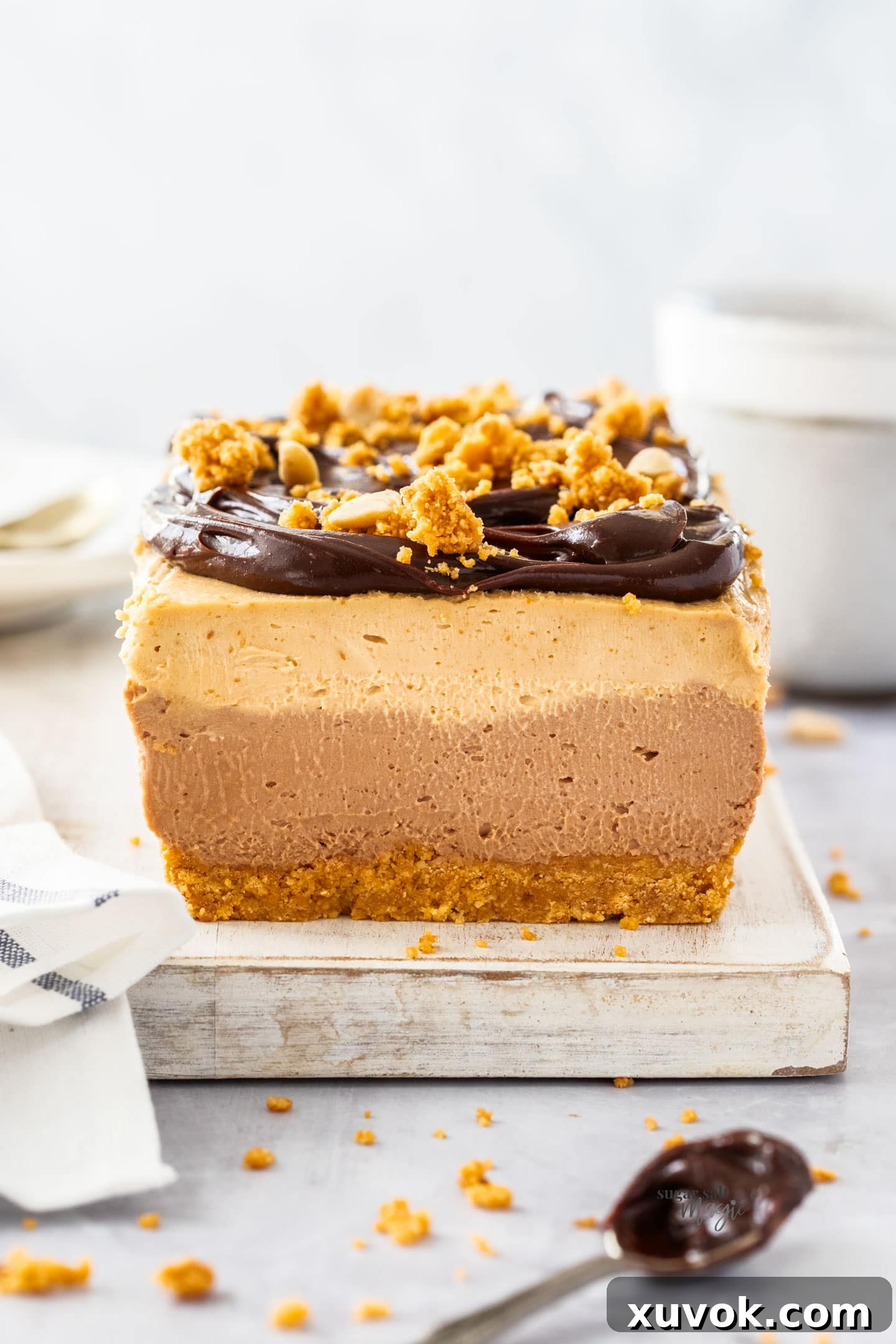 Front on view of the no bake peanut butter chocolate cheesecake.