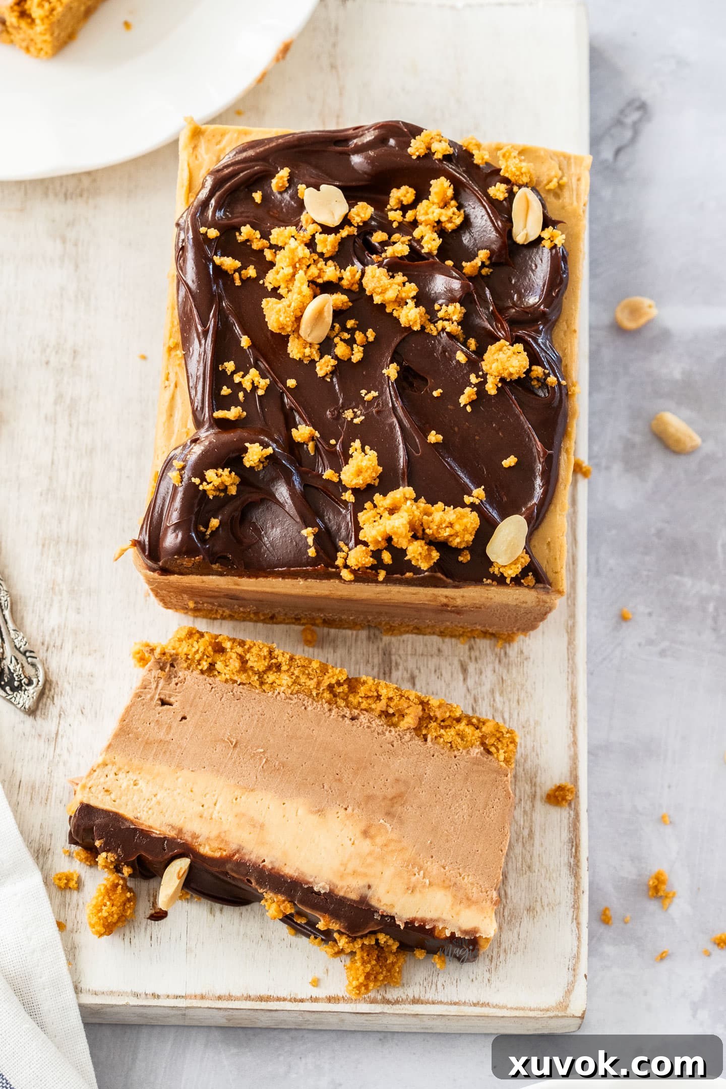 Top down view of the cheesecake with a slice cut away.